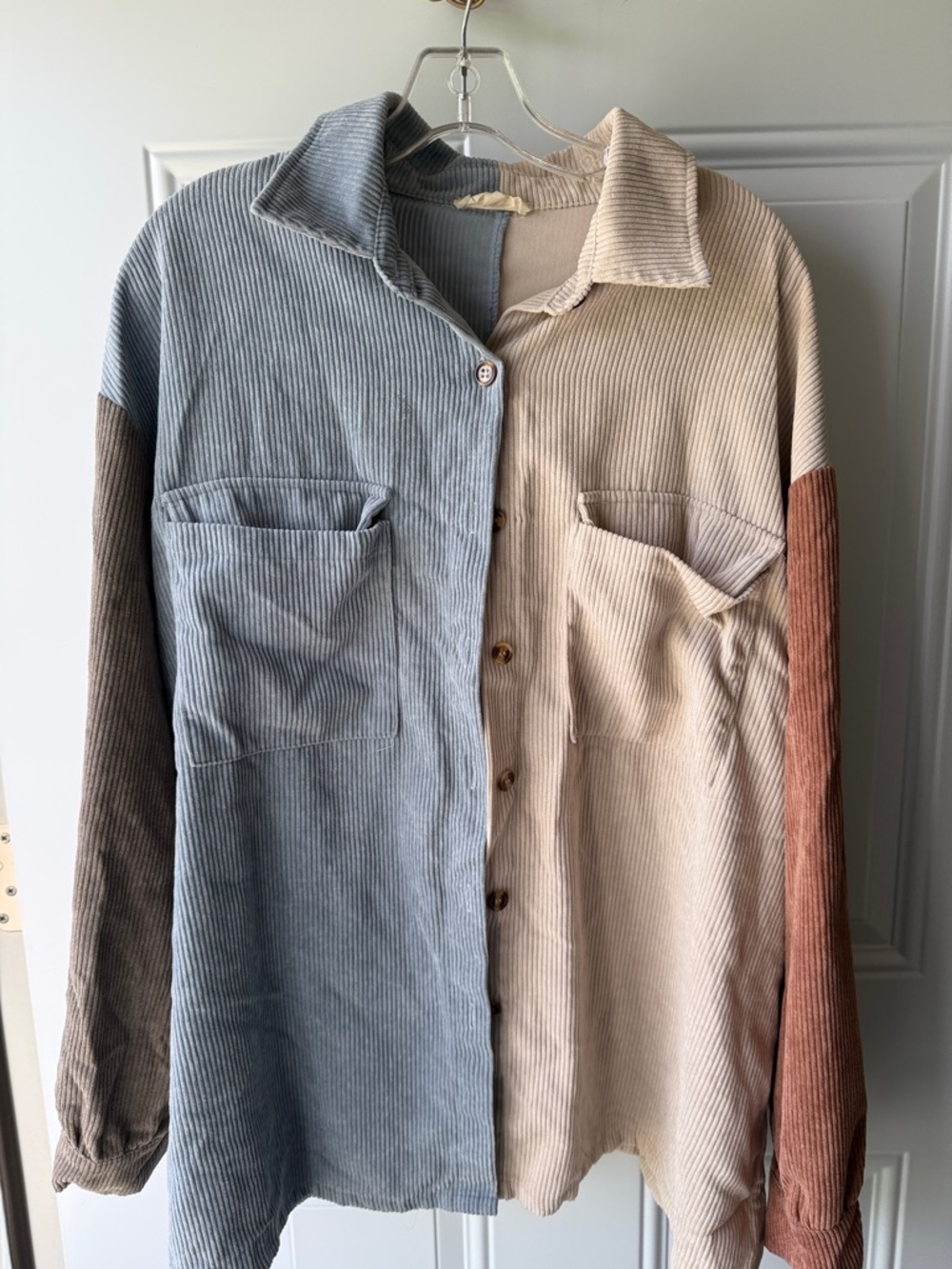 entro Colorblock Corduroy Button-Down Shirt in Blue, Cream & Brown
